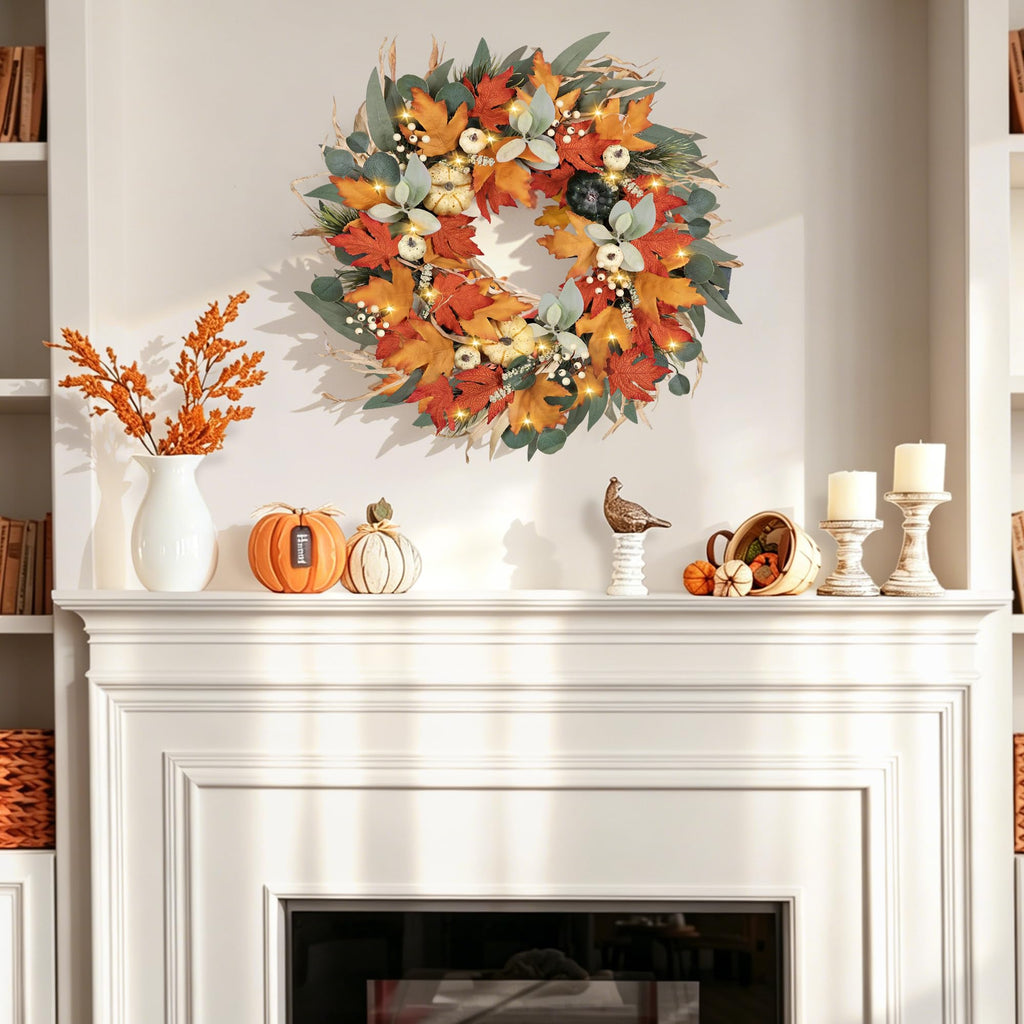 Realistic Fall Wreath with Lights/Timer 24 inch Fall Wreaths for Front Door with Pumpkins Autumn Wreath for