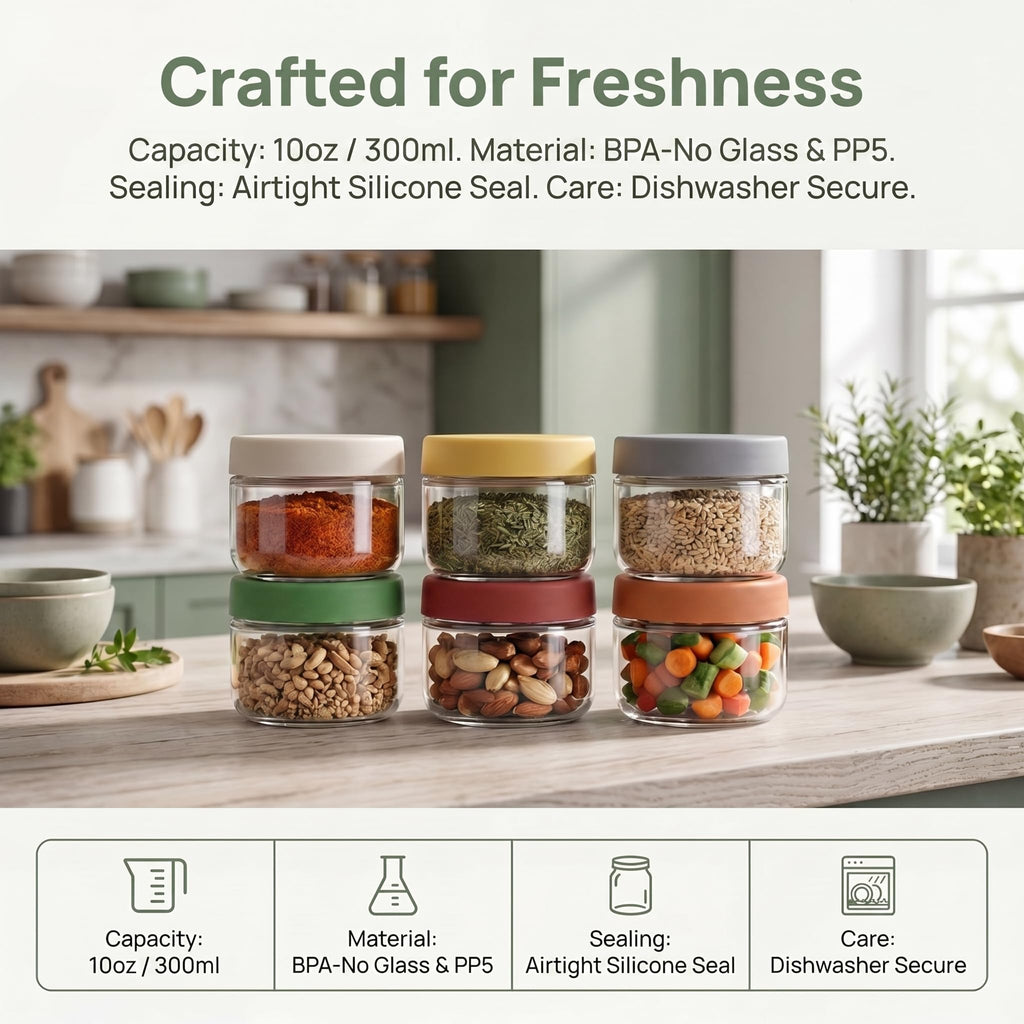 10 oz Small Glass Containers with Lids, Food Storage Jars, 6pk