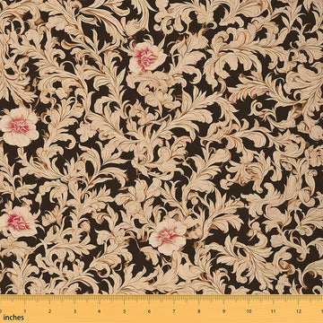 Vintage Floral Decorative Fabric, Antique Florwers Leaves Waterproof Fabric, Retro Geometric Print Upholstery