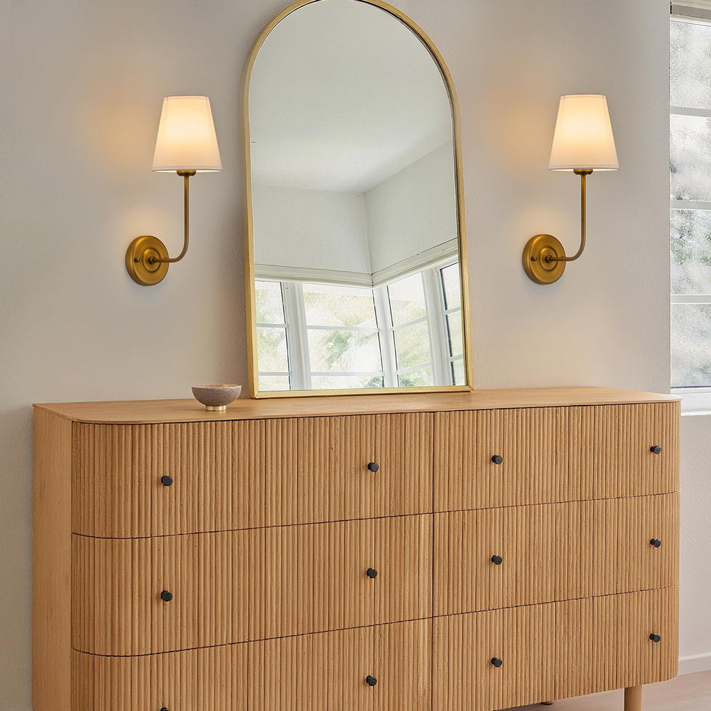 Hardwired Wall Sconce Set of 2 with Flared Shape White Textile Shade Curved Arm and Antique Brass Finish Metal