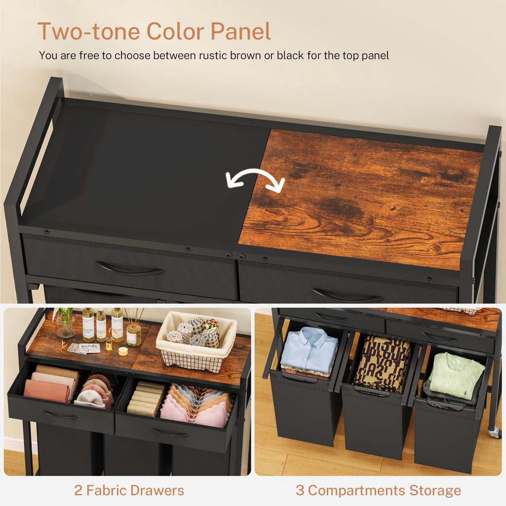 Sorter 3 Section, 120 L Laundry Hamper with 2 Drawers & 2-tone Top Panel, Rolling Laundry Basket Organizer with