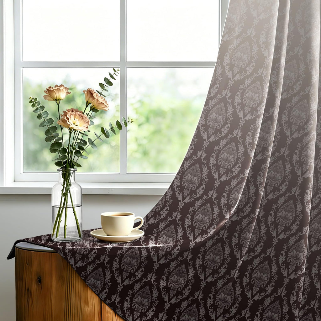 Damask Patterned Blackout Curtains 63 Inch Long Brown Ombre Room Darkening Curtains with Grommet Top French Country