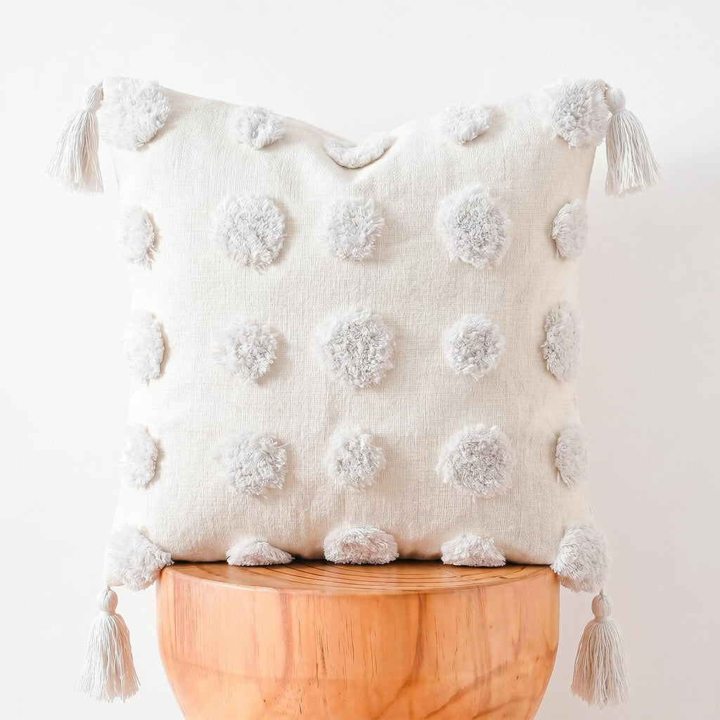 Super Soft Farmhouse Decorative Plush Throw Pillow Covers 22 x 22 White, Solid Pom pom Tufted with Tassels Modern