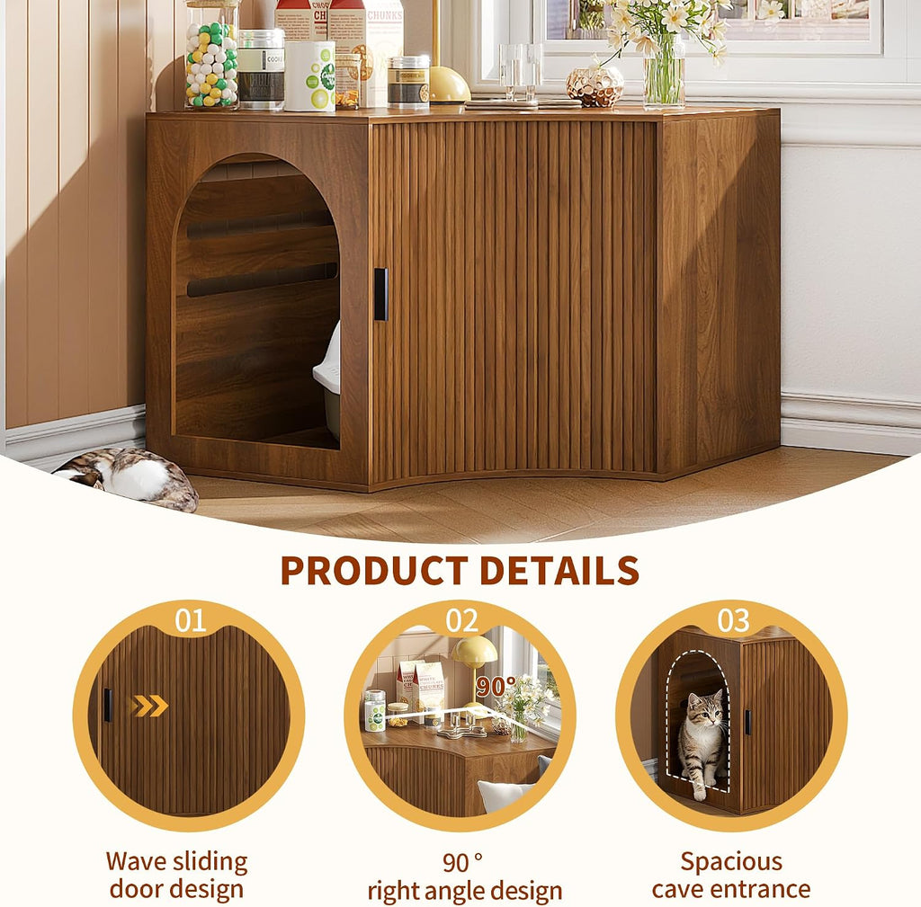 31.38" Corner Cat Litter Box Enclosure Furniture with Sliding Door