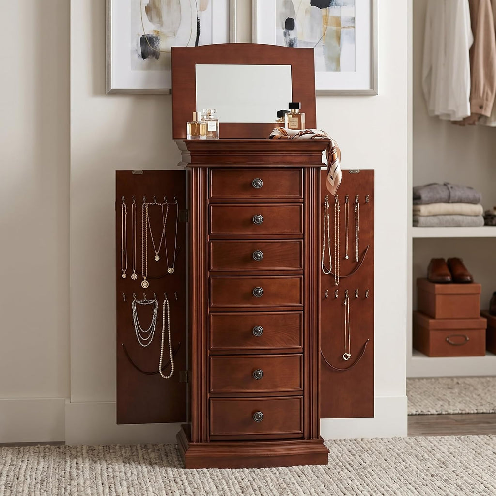 Luke Standing Jewelry Armoire - Large 7-Drawer Wooden Organizer with Mirror, Side Doors, and Anti-Tarnish Lining