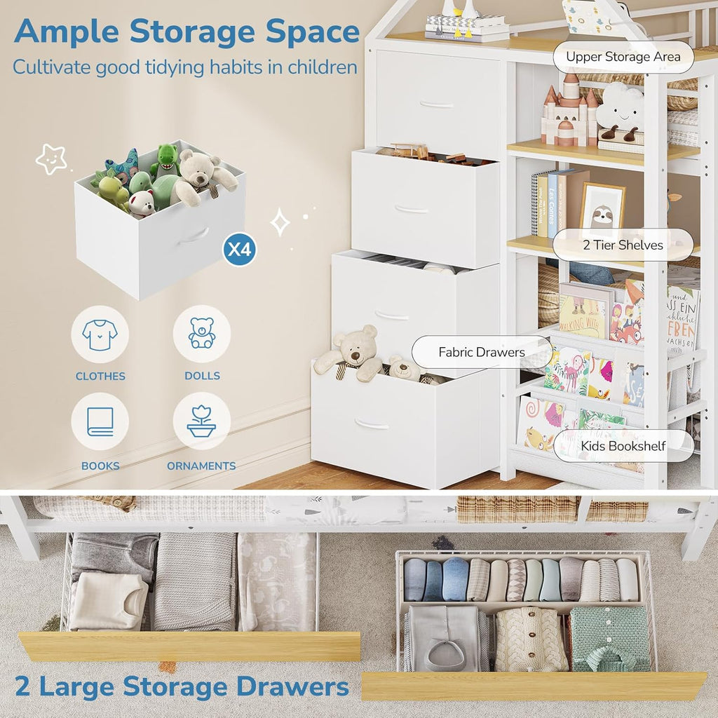 Twin Bunk Bed for Kids with 6 Storage Drawers, Montessori Bookshelf