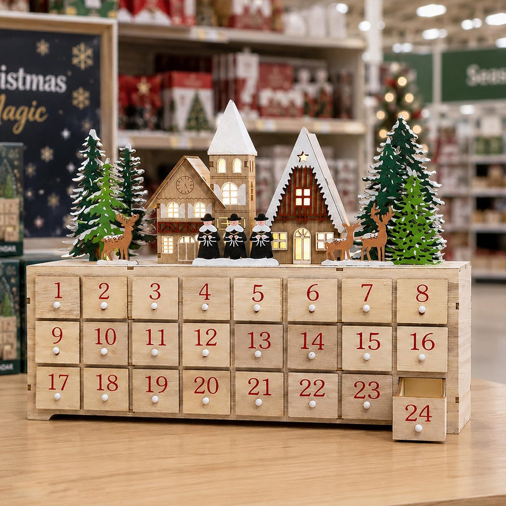 Wooden Advent Calendar with LED Lights, 24 Drawers Countdown to Christmas, Barn House Design, Holiday Decoration