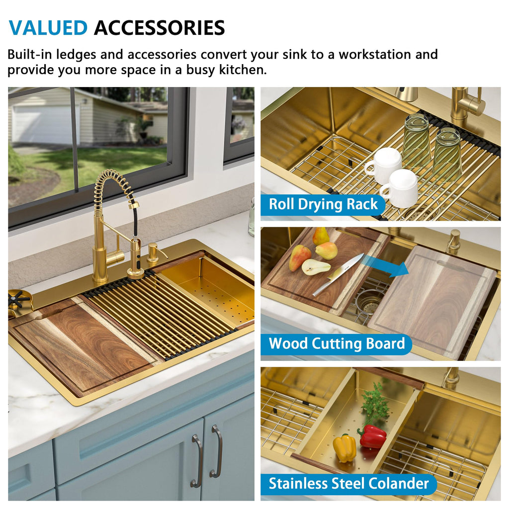 33"x22" Brushed Gold Drop Sink Ledge Workstation