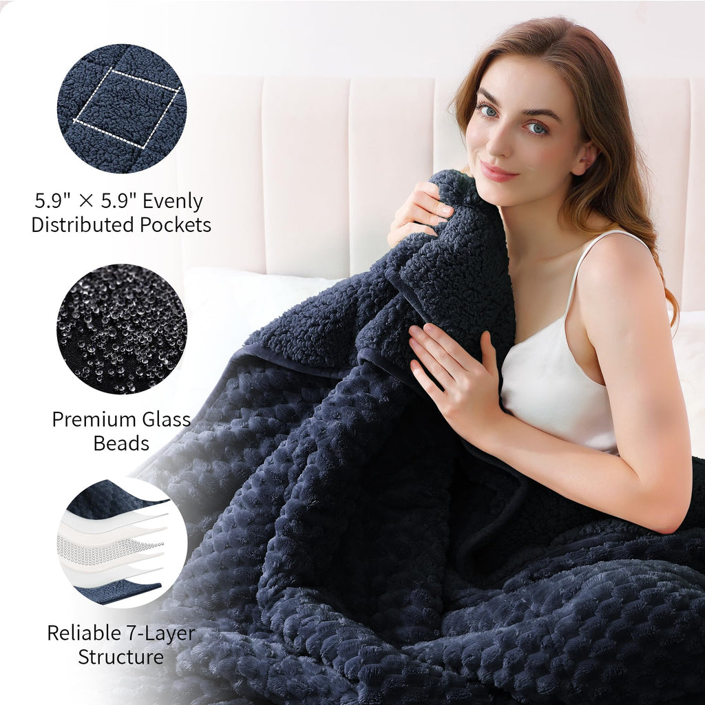 Fleece Weighted Blanket for Adults 15Lbs, 60"x 80", Blue Double Sided Sherpa & Flannel, Fluffy Warm All Season Heavy