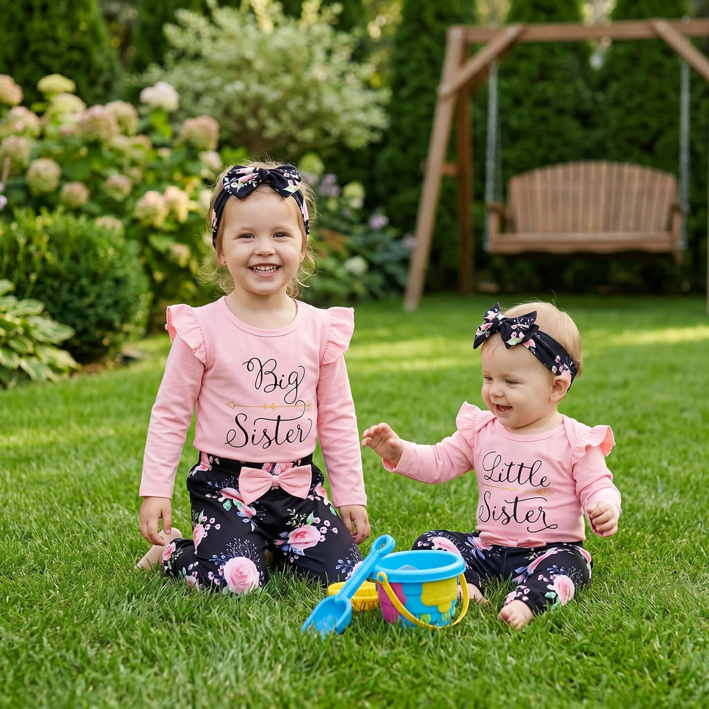 Sister Matching Outfits Pink Ruffle Long Sleeve Shirt Flowers Pants with Headband 3Pcs Clothes Set (Pink-Little