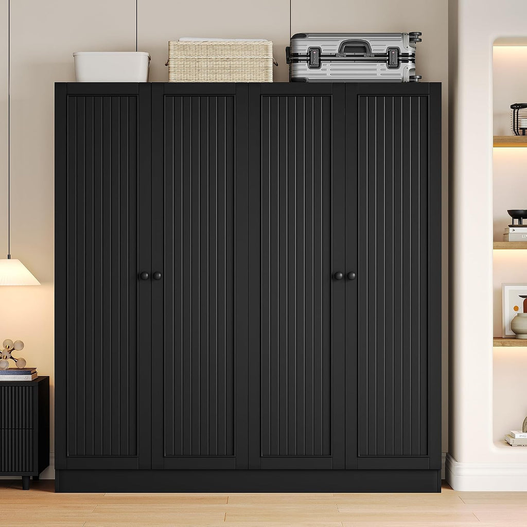 4 Doors Armoire Wardrobe Closet with 2 Drawers, 63" Large Wardrobe Cabinet with Removable Hanging Rods and Adjustable