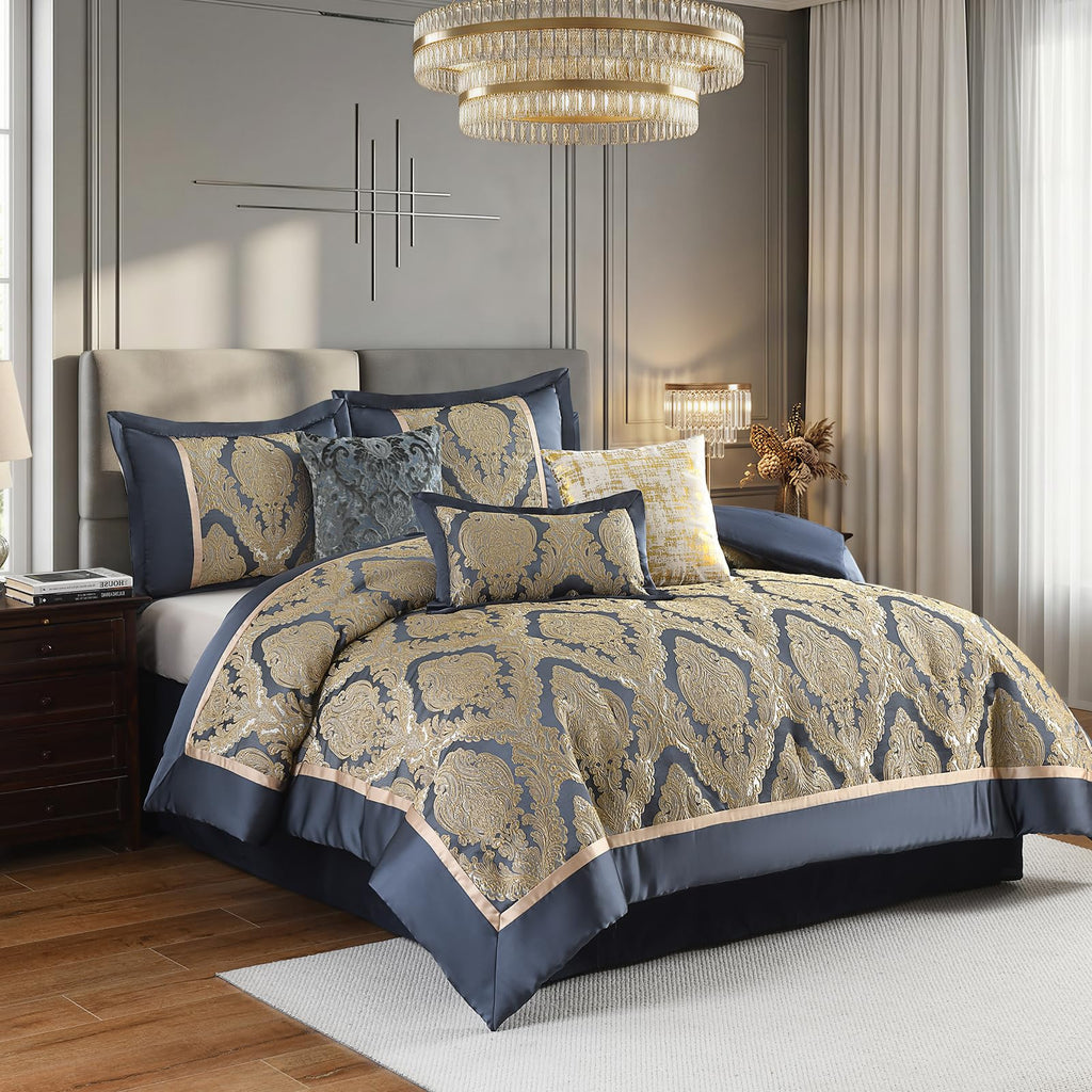 Luxury 7 Piece Queen Comforter Set, Vintage Damask Jacquard Design Bed in Bag Queen, All Season Navy Blue and Gold