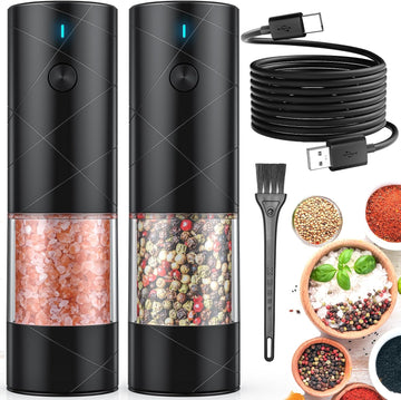 Electric Salt and Pepper Grinder Set USB Rechargeable with Warm LED Light, Adjustable Coarseness Large Capacity - Set of 2