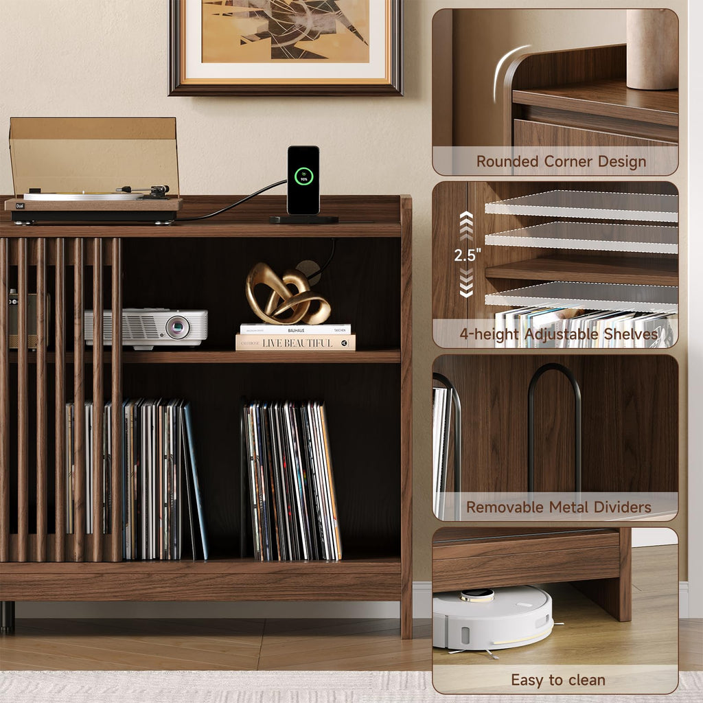 48" Record Player Stand w/Flip-Out Storage Cabinet, Sliding Door