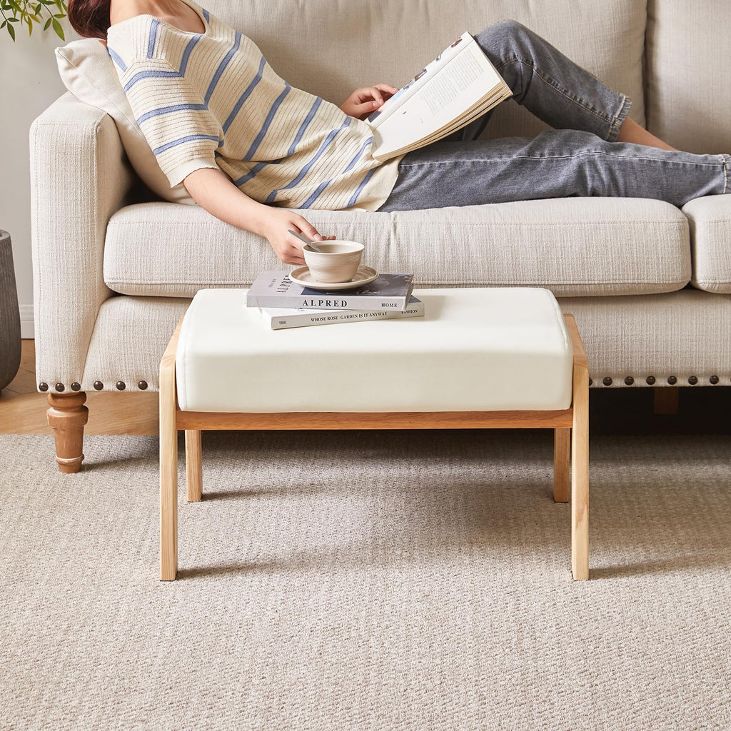 Large Footstool Ottoman, PU Faux Leather Footrest, White
