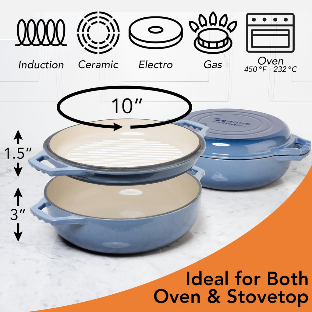2-in-1 Enameled Cast Iron Braiser Pan with Grill Lid - 3.3-Quart Small Dutch Oven, Serves as Both Casserole &