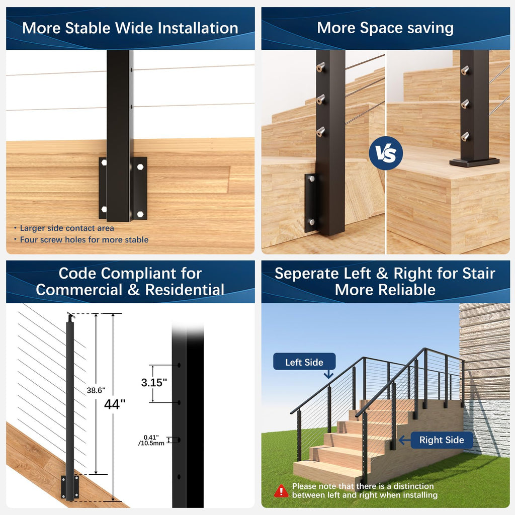 3 Pack One-Stop Side Mount Stair Cable Railing Post Kits 44" for 36"/42" Railing System, Left Side Stair Post Kit
