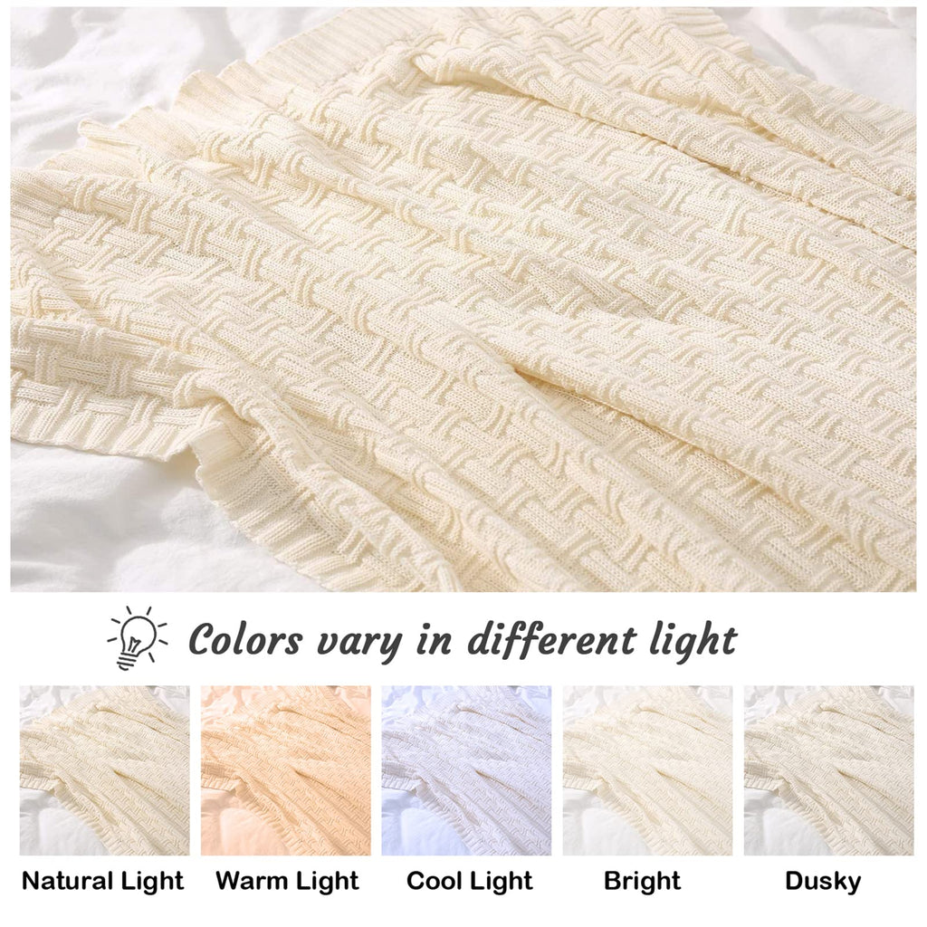 100% Cotton Knitted Throw Blanket 50 x 60 Inches, Ivory White
