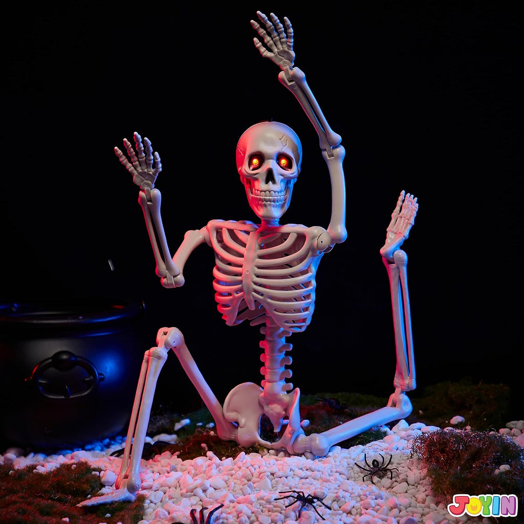 24 Inch Halloween Posable Skeleton with LED Red Glowing Eyes, 2FT Realistic Hanging Skeleton Bone Full Body Movable