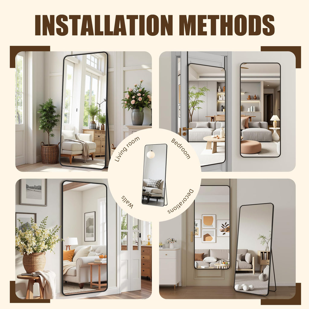 Over The Door Mirror Full Length, 58'' x 21''Wall Mounted Hanging Mirror, Aluminum Alloy Frame, Shatterproof Glass