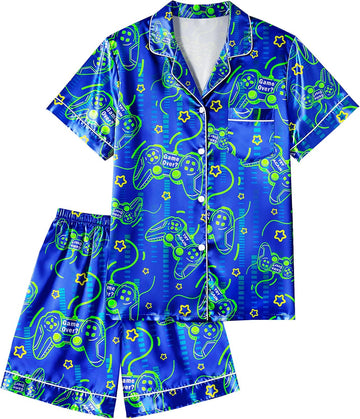 Boys Pajamas Boys Satin Pajamas Set Summer Short Sleeve Button-Down & Shorts Pjs Kids Boy Silky Pajama