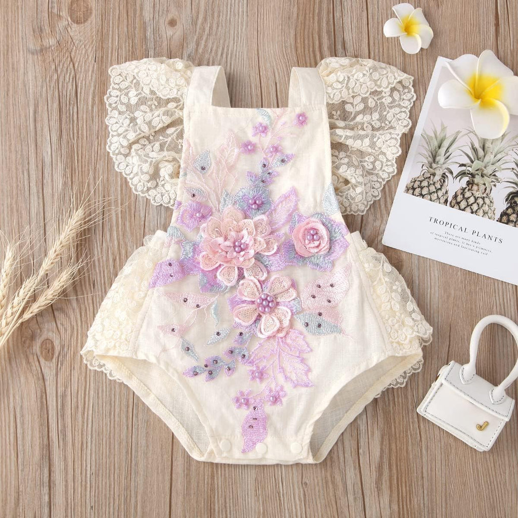 Baby Girl Lace Romper Delicate Embroidery Backless Bodysuit with Flower Headband 2pcs Cake Smash Outfit...