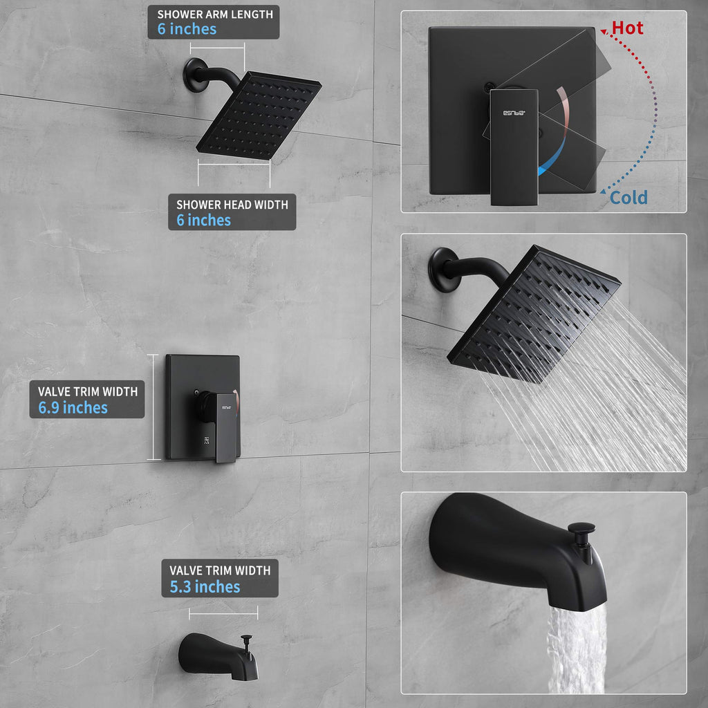 Matte Black Tub Shower Faucet Set, 6" Rain Head with Valve Included