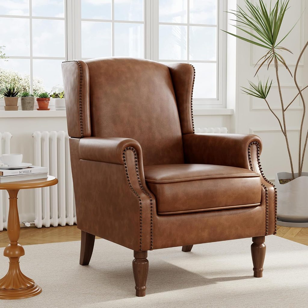 Faux Leather Wingback Accent Chairs with Wood Legs, Brown - Set of 2