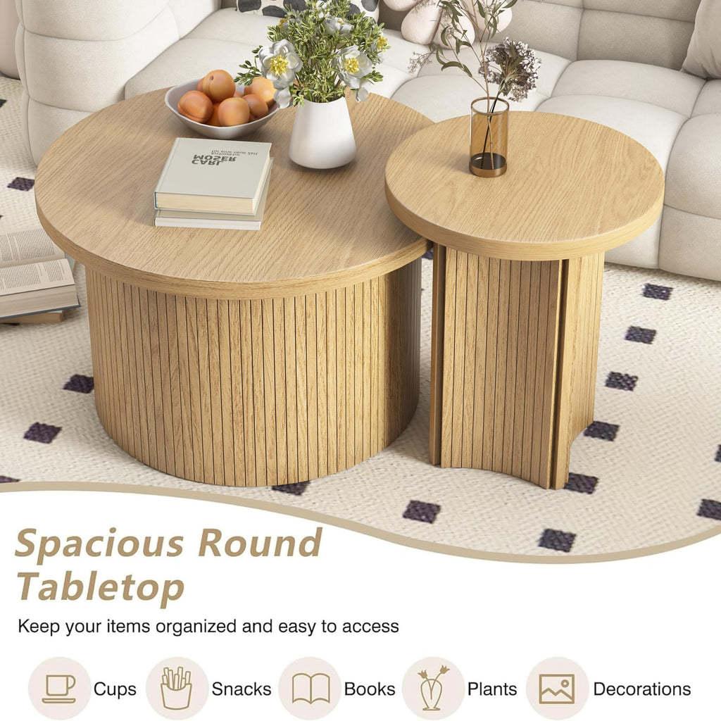 Farmhouse Set of 2 Nesting Coffee Tables, Round Coffee Set Saves Space