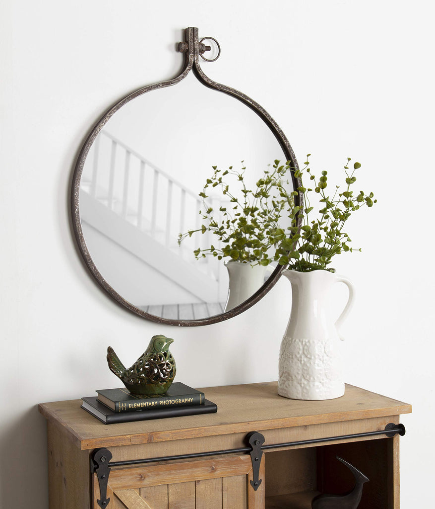 Yitro Round Industrial Rustic Metal Framed Wall Mirror, 23.5x28.5, Rustic Metal, Chic Industrial Accent Mirror