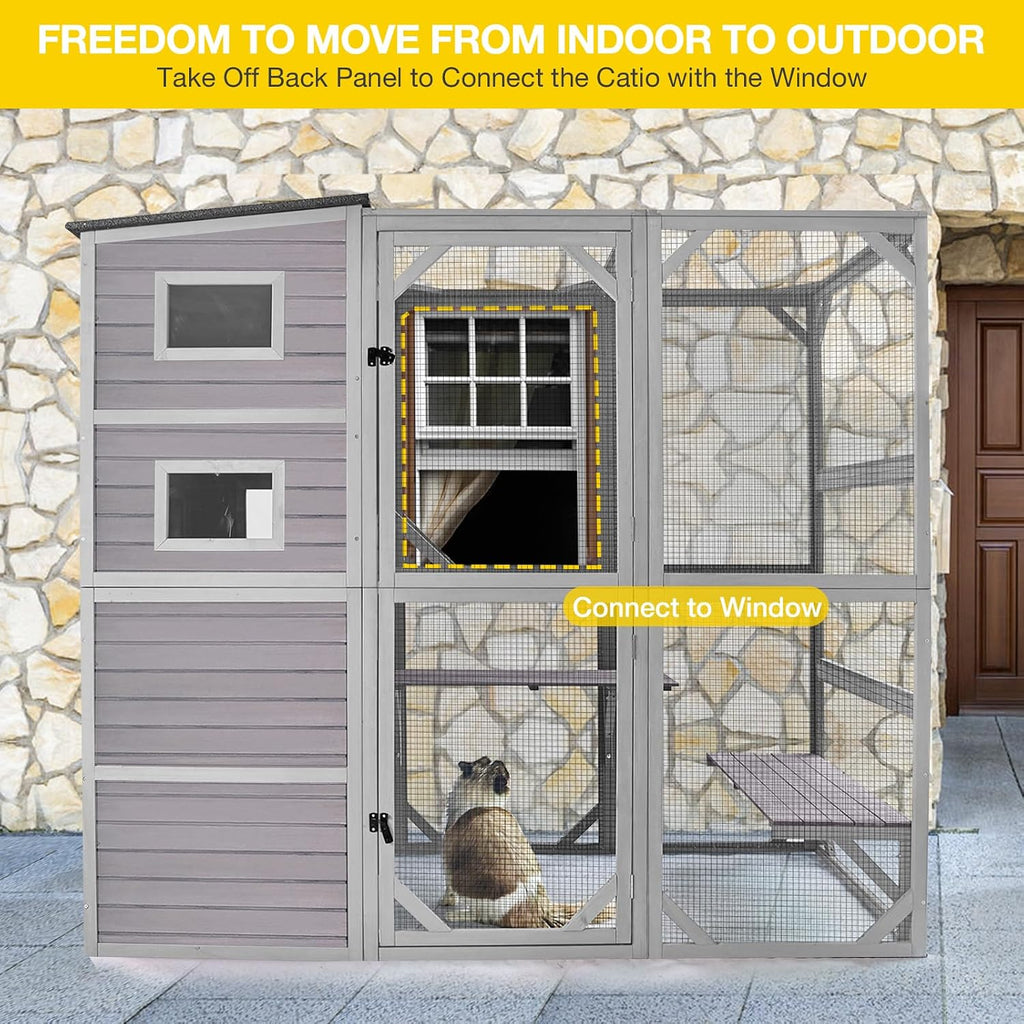 Catio Outdoor Cat Enclosure Feral Cat House Large Kitty Shelter with Run Cat Cage with Platforms 76.8" L x 35.8" W x