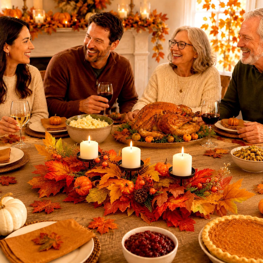 27.56" Fall Candle Holder Centerpiece, Thanksgiving Table Decor with Metal Candle Cups Large Foldable Autumn Leaves