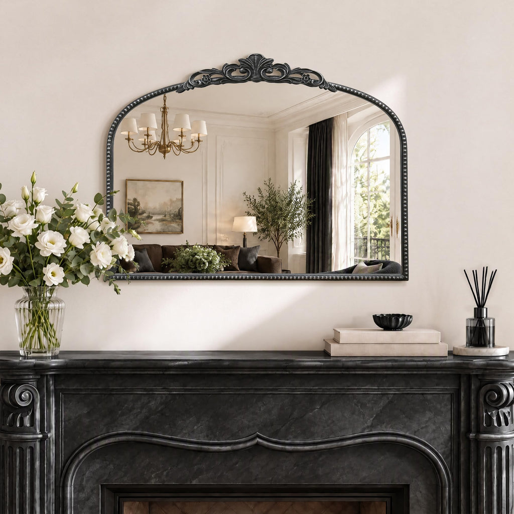 Vintage Black Arched Mirror: 32"x24" Baroque Antique Vanity Mirror