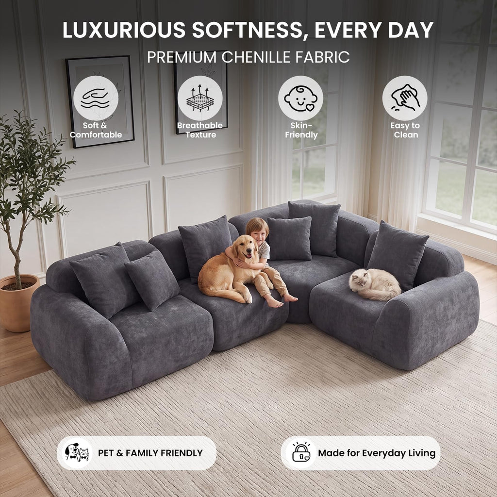 118-Inch Oversized Cloud Sectional, Velvet Boneless L-Shaped Couch with Curved Chaise, Compression Memory Foam