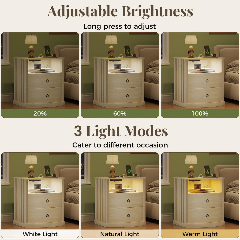 Oak Nightstand with Charging Station, 2 Drawers, Dimmable Light