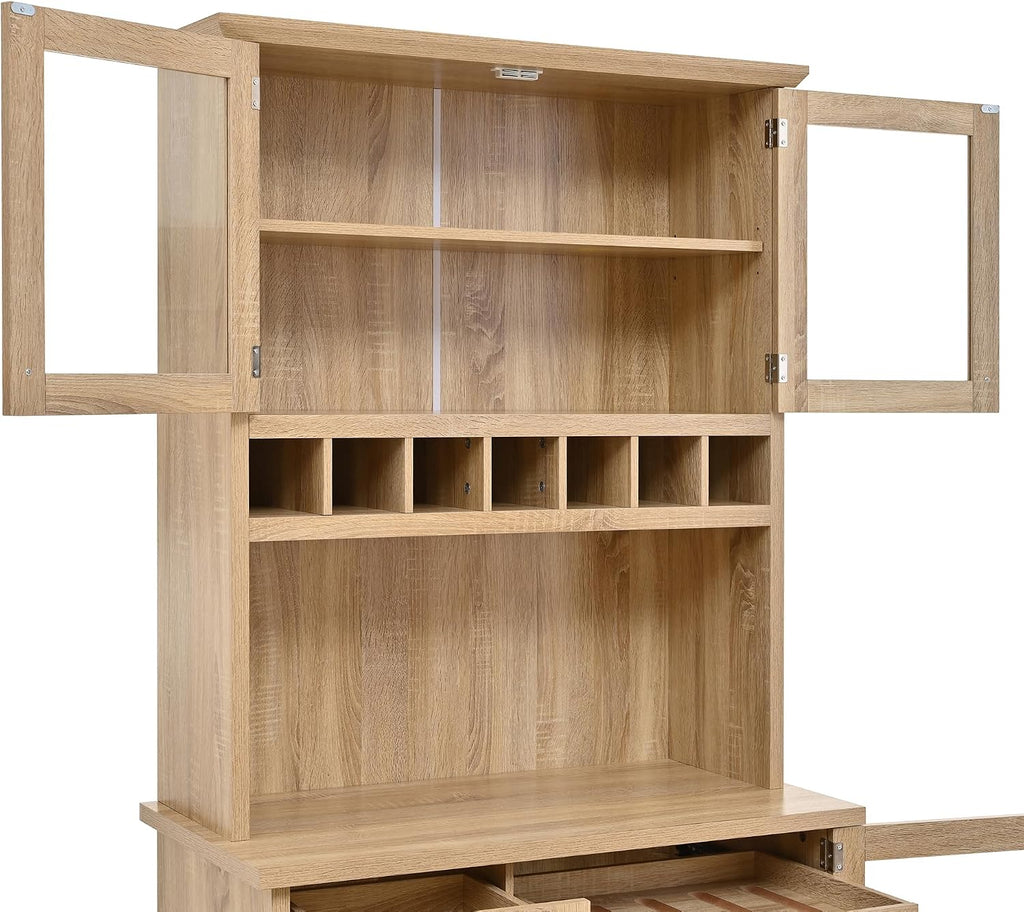 35.4"x17.7"x74.8" Farmhouse Freestanding Buffet with Hutch, Kitchen Pantry Storage Cabinet with Wine Rack and