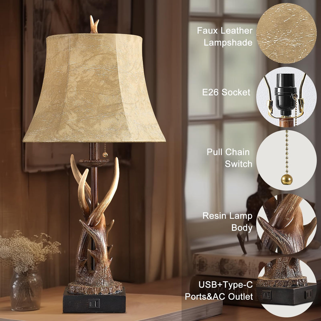 Antler Table Lamps Set of 2 with USB A+C Ports Farmhouse Deer Rustic Bedside Lamps with Faux Leather Bell Shade End
