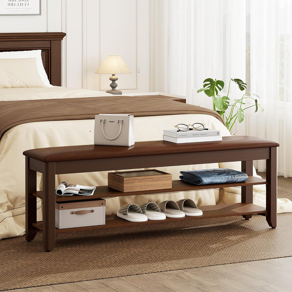 2-Tier Solid Wood Shoe Rack Bench with Flip-Top Storage | Entryway Bench with Cushion, Adjustable Shelf, Holds Up to
