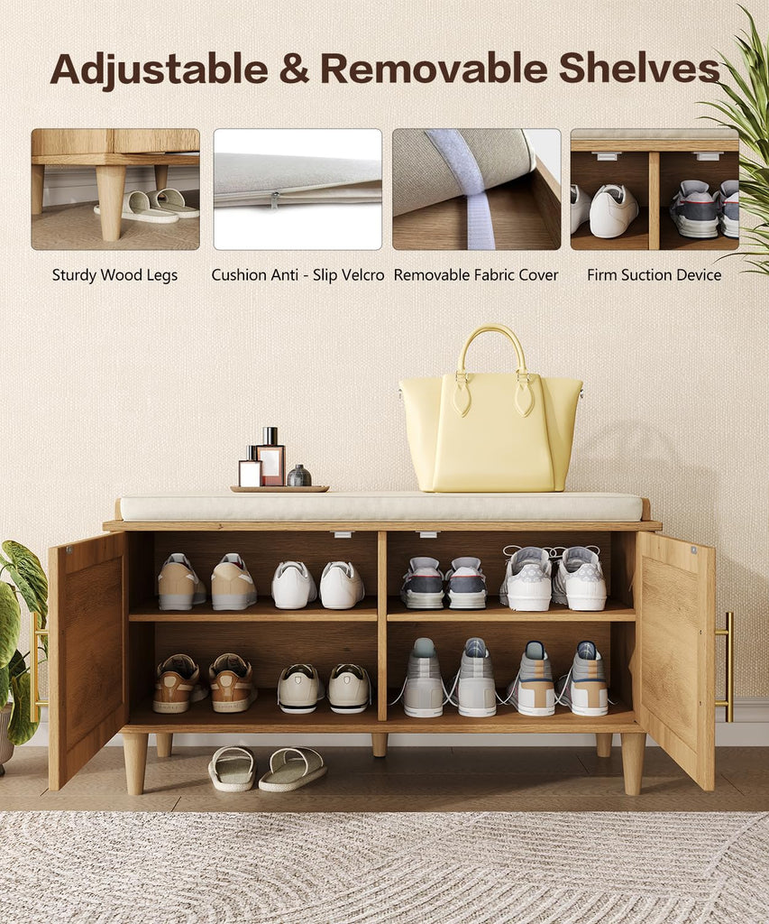 31.5" Rattan Shoe Storage Bench 2 Doors Wooden Entryway Bench Oak