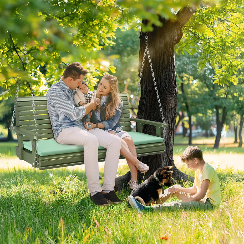 Wooden Porch Swing, Heavy Duty 880 LBS Hanging Patio Bench with Extra Cushion for Lawn| Garden| Courtyard (Green, 5