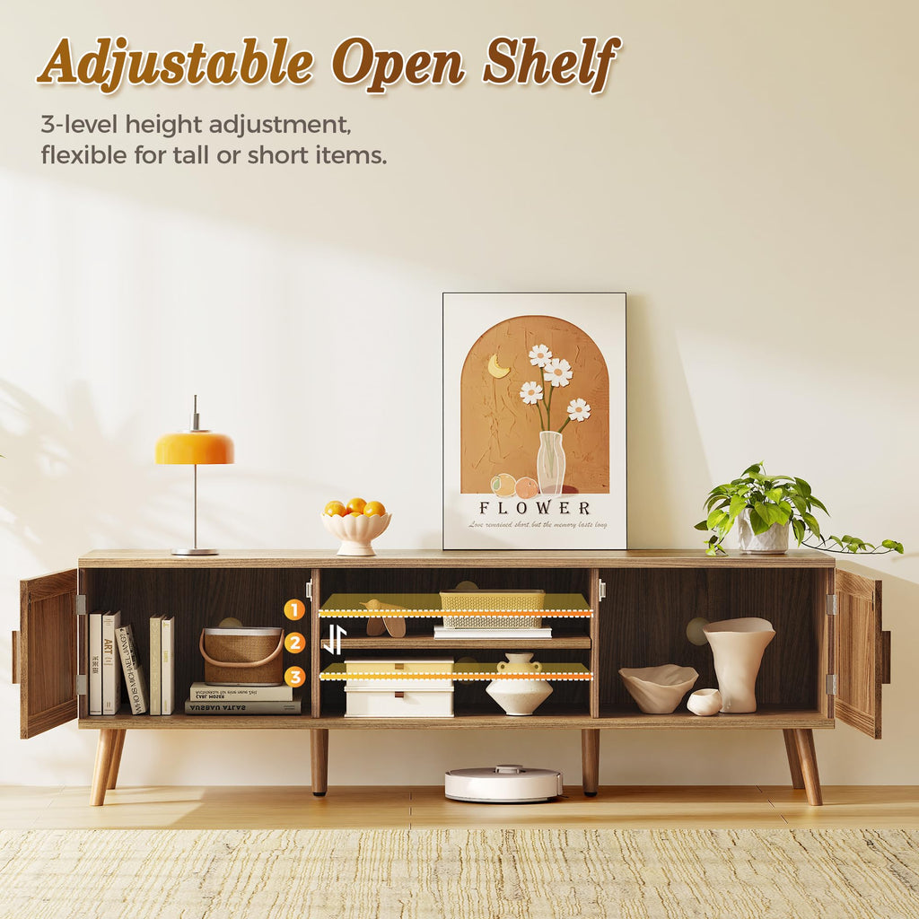 Boho TV Stand for 65 Inch TV, Entertainment Center with Adjustable Shelf, Rattan TV Console with 2 Cabinets, Media