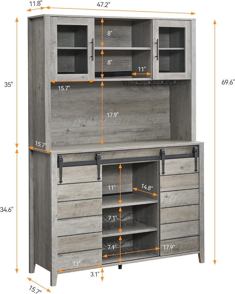 70 in Tall Farmhouse Coffee Bar Cabinet, Kitchen Hutch Storage with Sliding Barn Door, Kitchen Buffet with Wine Rack