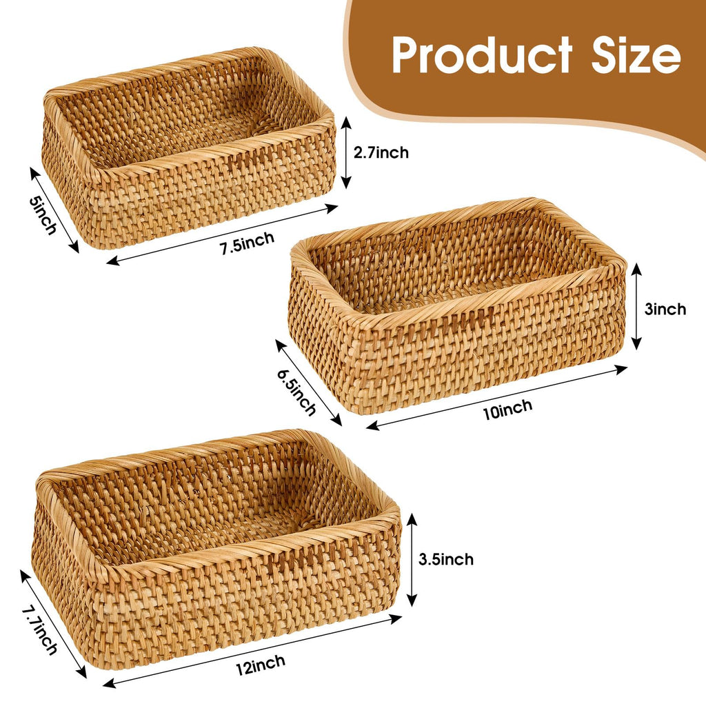 Natural Rectangular Rattan Storage Baskets (Set of 3), Hand Woven Food and Fruit Serving Baskets, Wicker Organizer