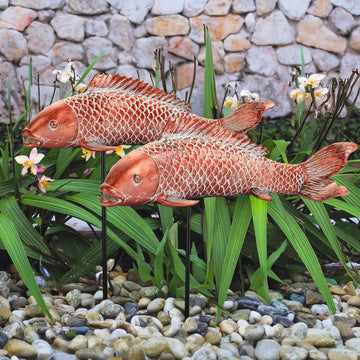 Garden Statues Koi Fish Decor Outdoor Garden Fish Statues, Set of 2 Antique Copper Koi Art Sculptures , Backyard