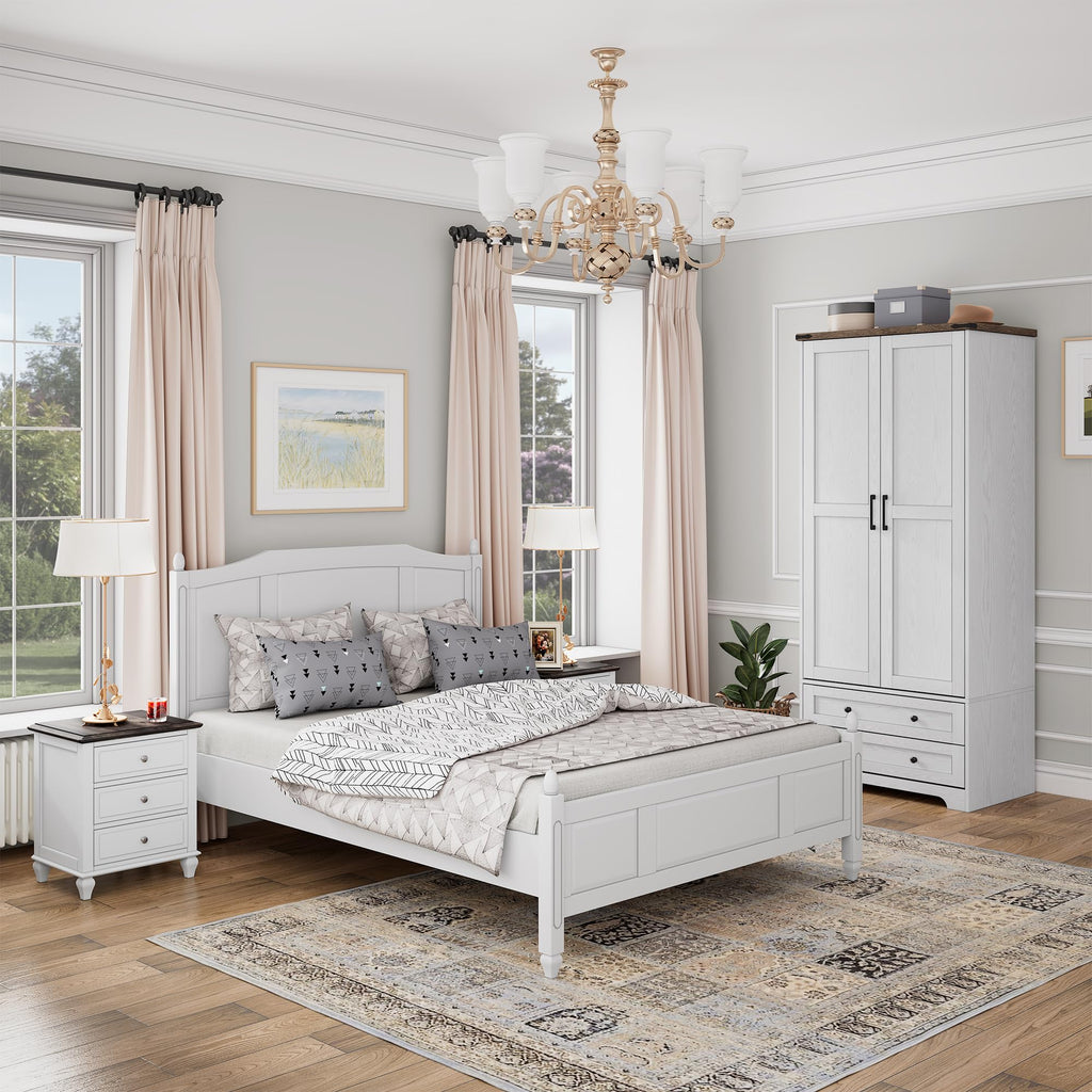 2 Doors Wooden Armoire Wardrobe Closet with 2 Drawers, White