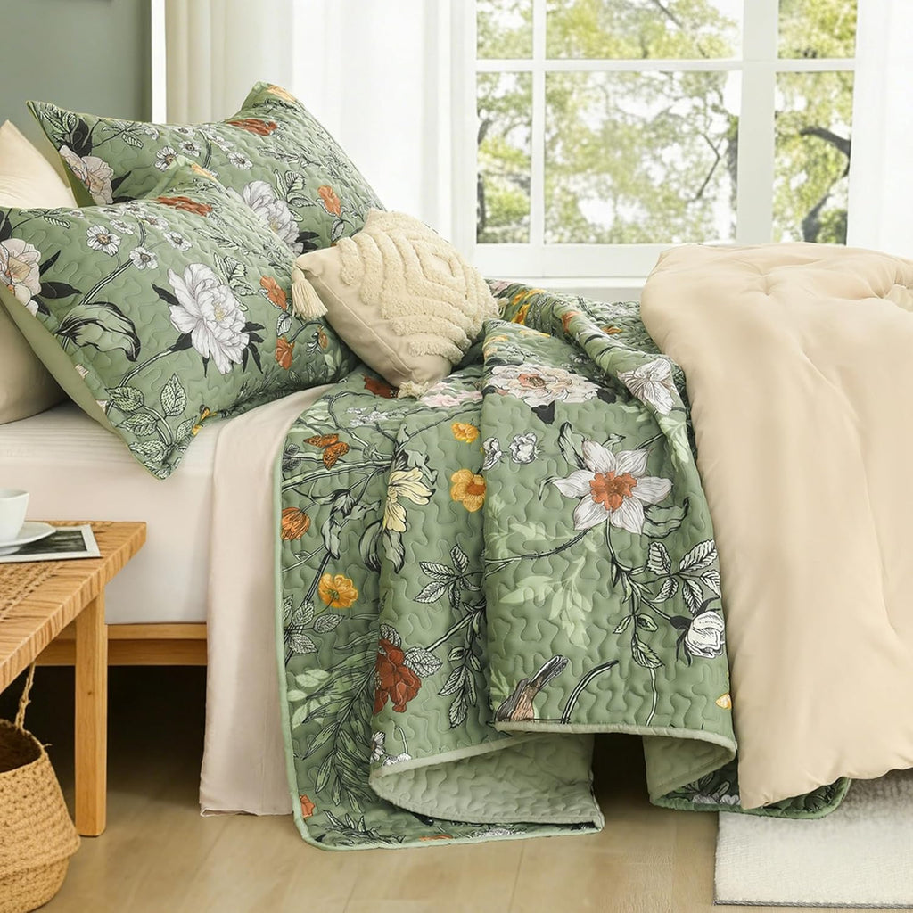 Floral Green Quilt California King - 3 Pieces Cal King Sage Botanical Birds Pattern Quilt Bedding, Spring Lightweight