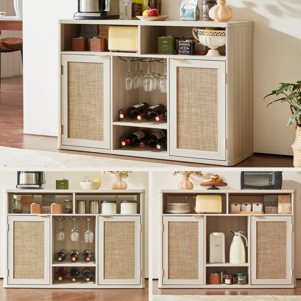 Rattan Wine Bar Cabinet with Storage, Grey White