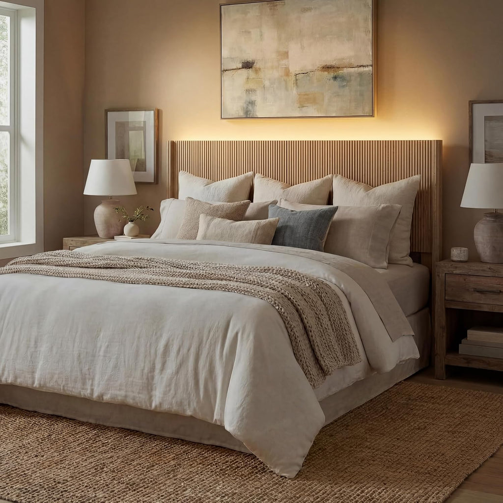 King Headboard Only, Modern Fluted Wall-Mounted Head Board with Lighting, Boho Wood Bed headboard Stylish Bedroom