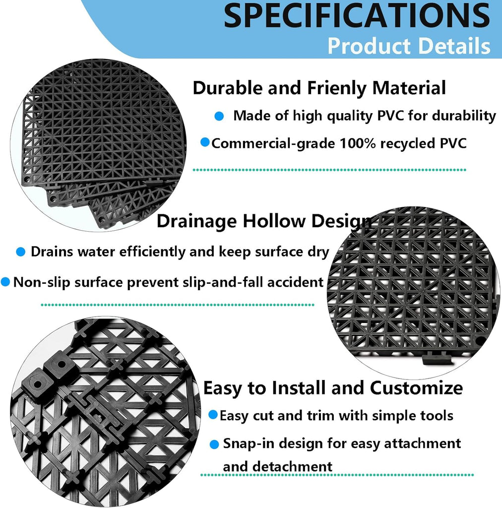 12” x 12” Drainage Interlocking Floor Tiles, 12 Pack Non-Slip Pool Deck Drain Mats for Flooring, Soft PVC Splicing