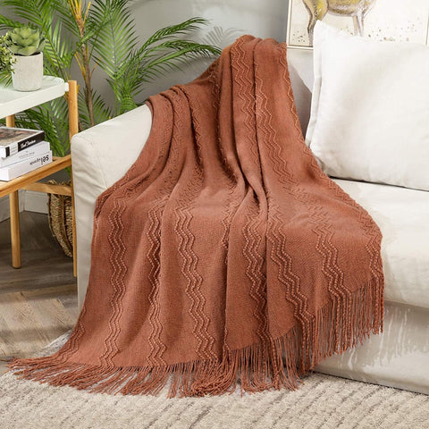 Knitted Boho Throw Blanket, Orange